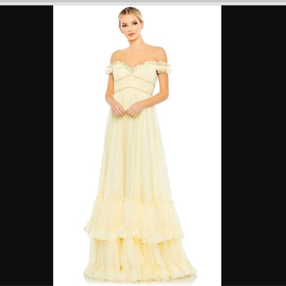 Mac Duggal A Line Yellow Ruffled Off Shoulder Maxi Dress